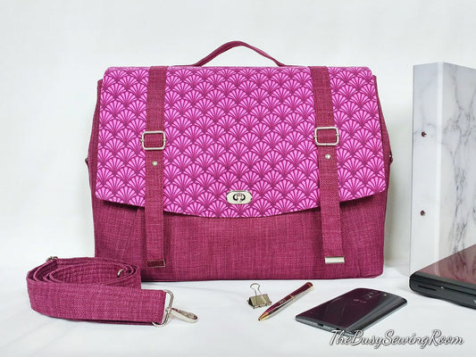 Adina Laptop Bag in pink linen decor fabric with patterned cotton flap handle strap turnlock faux buckle straps by Kaya Papaya Design